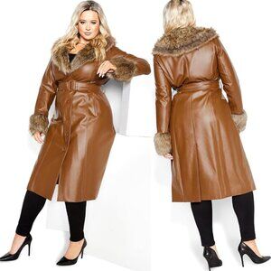 NWT City Chic Copper Faux Leather Fur Trimmed Longline Belted Coat 18